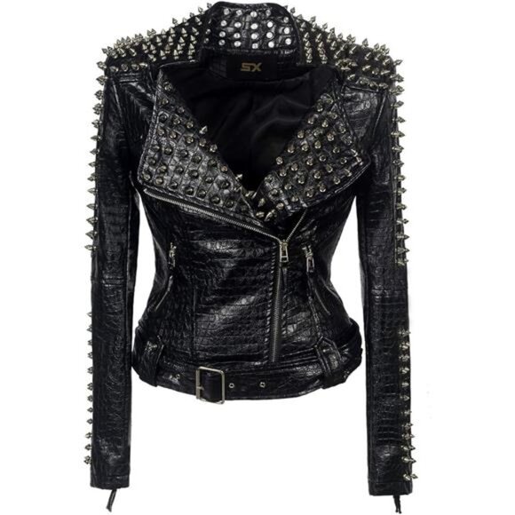 Women's Punk Faux Leather PU Black Jacket Studded Rivet Fashion Streetwear Coat - Picture 6 of 7